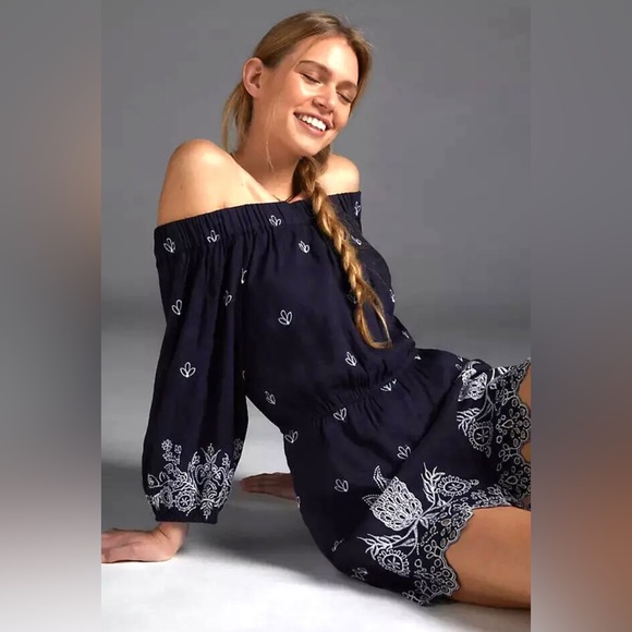 Farm Rio Embroidered Linen Romper Pineapple Anthropologie Jackie Navy Size S NEW - Picture 3 of 5